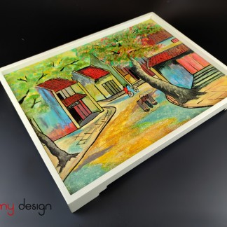 Cream rectangular lacquer tray hand-painted with Hanoi painting 28*45cm